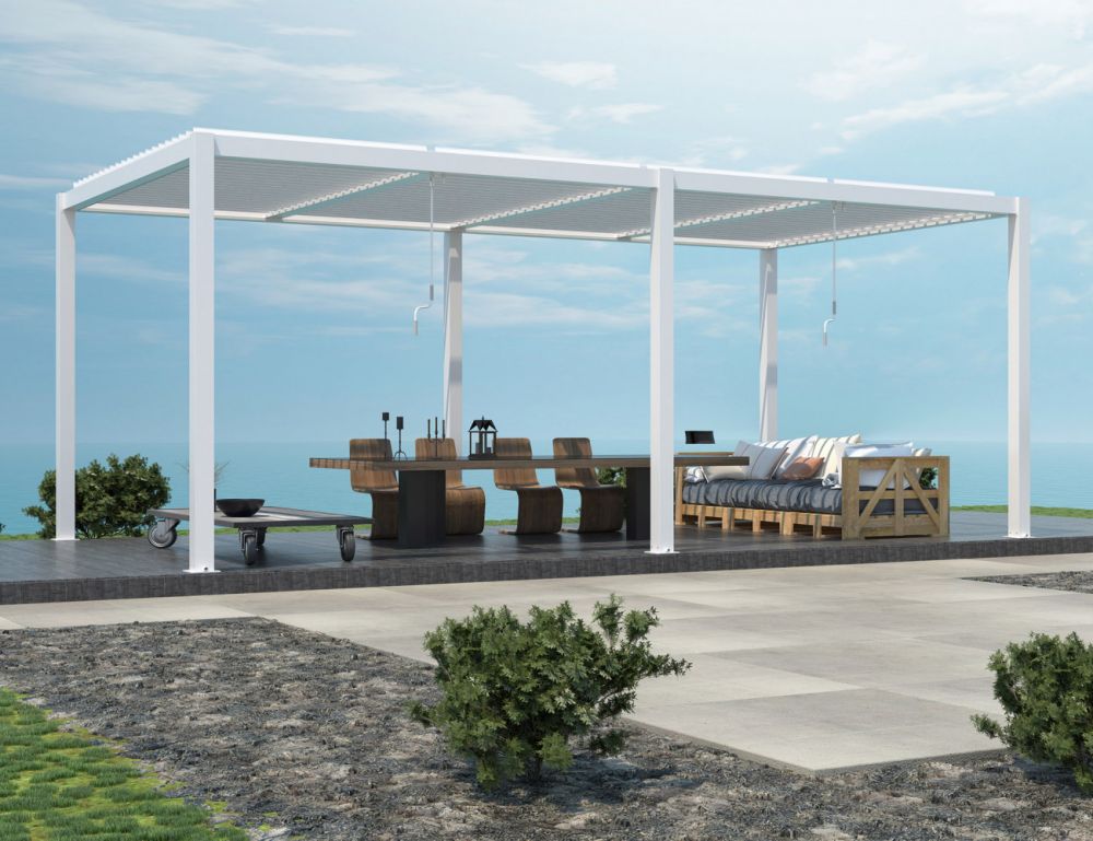 alluminio-pergola-bioclimatica-bianco-grigio-giardino- piscina-copertura-automatica-led-manuale